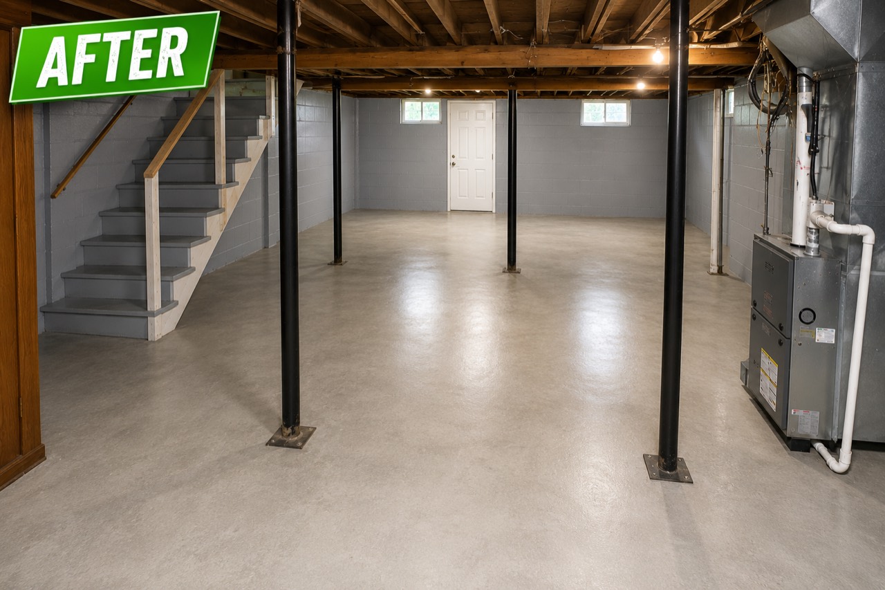 After basement cleanout in Pittsburgh with open floor space cleared