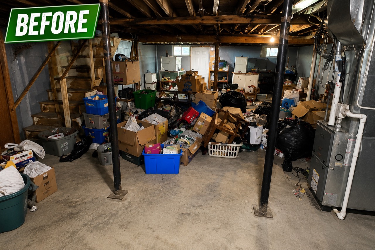Before basement cleanout in Pittsburgh with boxes, bags, and household clutter