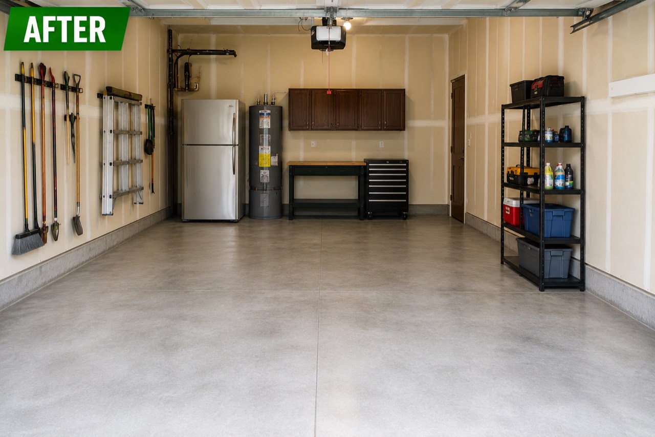 After garage cleanout with organized storage and cleared parking space