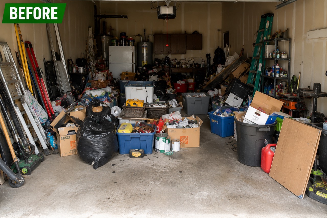 Before garage cleanout with household junk, bins, tools, and clutter